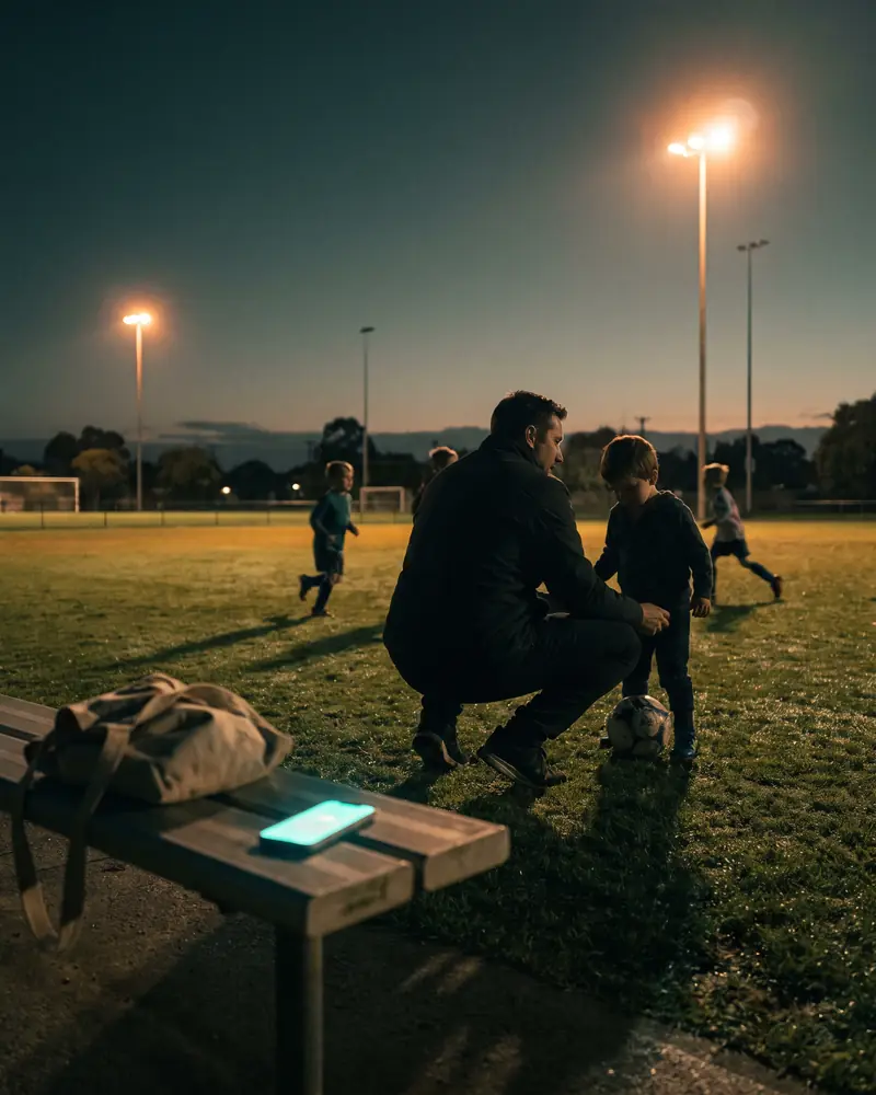 A dad coaching kids' soccer at dusk while his phone rings on the bench