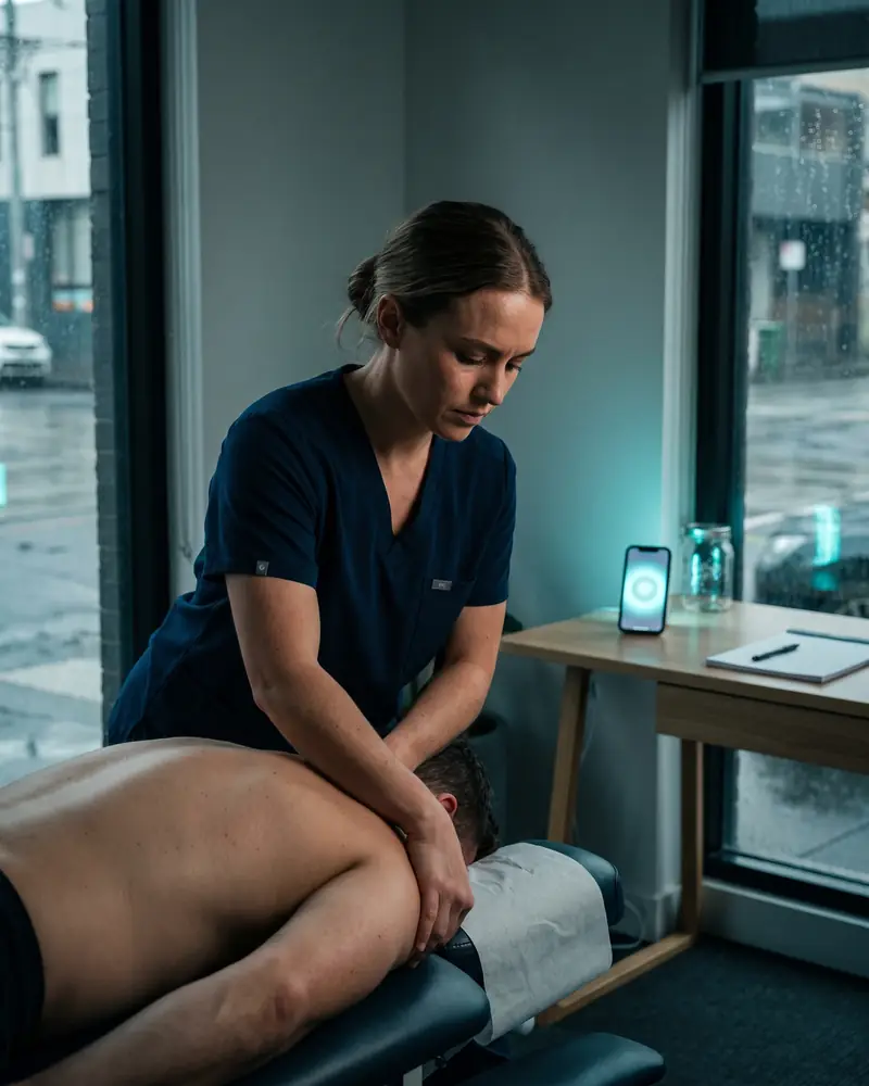 A physiotherapist treating a patient while her phone rings on the desk behind her