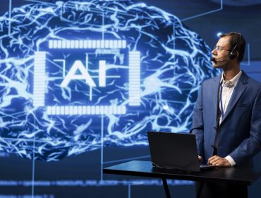 IT professional in artificial intelligence workplace managing call center tasks, speaking into headset. AI company employee chatting with customers through headphones mic